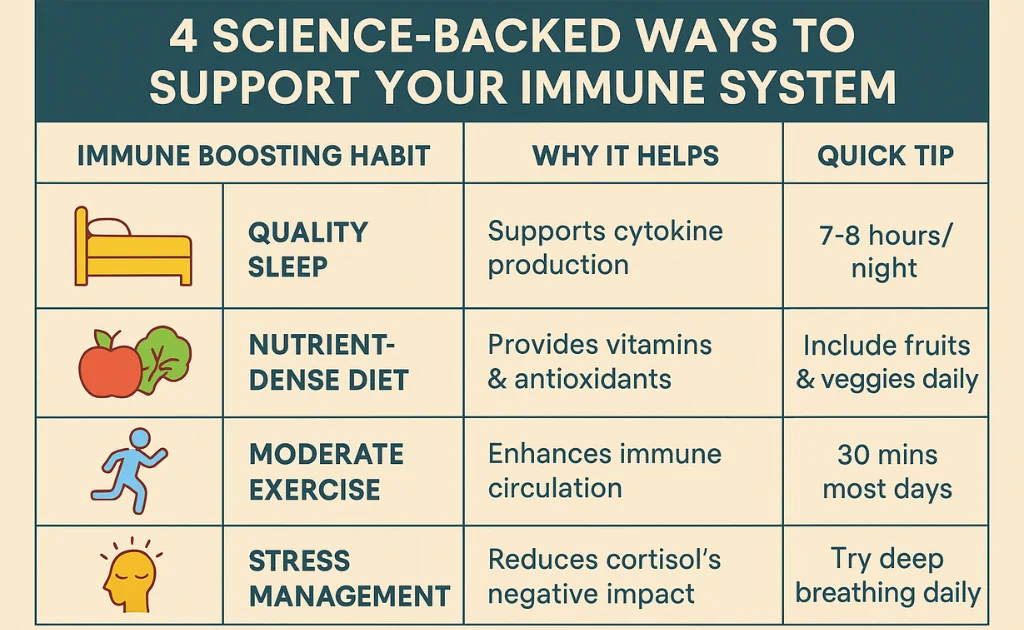 Infographic chart with How to Increase Immune System Naturally tips: sleep, nutrient-rich diet, exercise, stress management.