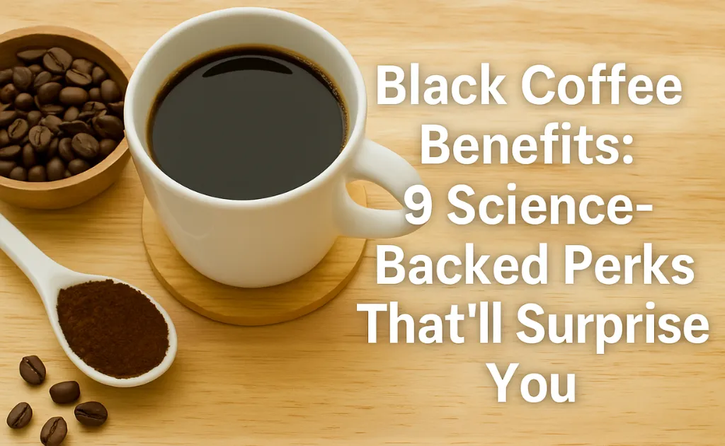 Freshly brewed black coffee in a white cup surrounded by roasted coffee beans and ground coffee on a wooden table.