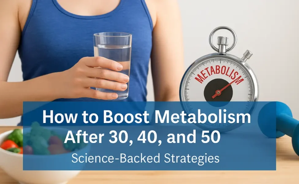 Woman in athletic wear holding a glass of water with a salad bowl, stopwatch, and dumbbell on a table, representing strategies to boost metabolism after 30, 40, and 50.
