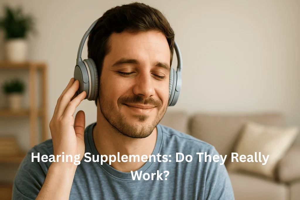Person smiling while listening to music, enjoying healthy hearing with natural supplements.