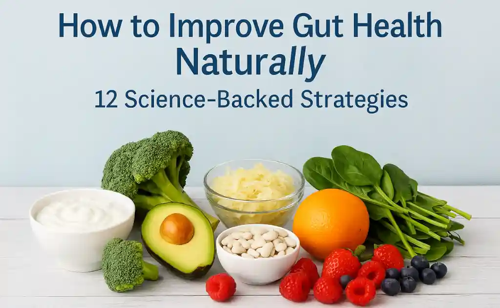 A display of gut-friendly foods including yogurt, avocado, broccoli, sauerkraut, spinach, orange, beans, and berries, with the text “How to Improve Gut Health Naturally: 12 Science-Backed Strategies” on a light blue background.