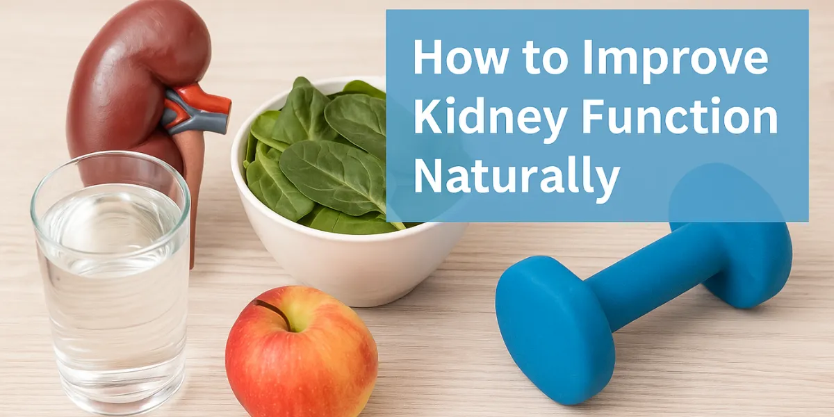 A fresh assortment of healthy fruits, vegetables, and a glass of water on a kitchen table, symbolizing natural kidney health support & Improve Kidney Function Naturally.