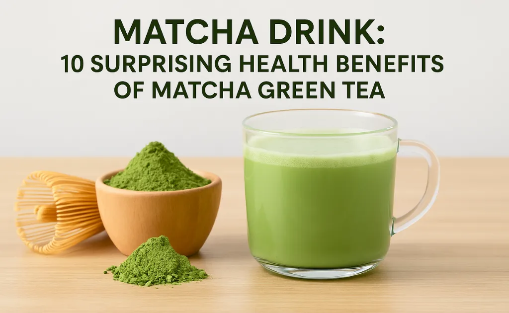 A clear glass of matcha green tea beside a wooden bowl of matcha powder and a bamboo whisk on a light table, highlighting the natural elements of matcha.