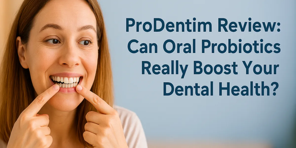 Woman smiling and checking her teeth with text “ProDentim Review: Can Oral Probiotics Really Boost Your Dental Health?”