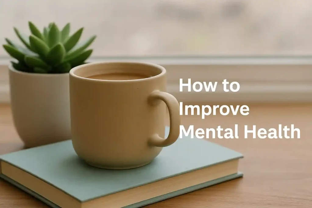 A beige mug of tea sits on a light blue book next to a small potted succulent by a window, evoking calm and relaxation for improve mental health.